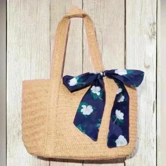 Draper James Everyday Straw Bag Tote Purse with Scarf Bow Travel Beach Preppy - Picture 11 of 15